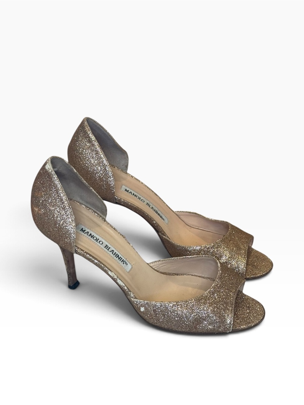 Manolo Blahnik Gold Glitter D’Orsay Peep-Toe Pumps Heels EU 36.5